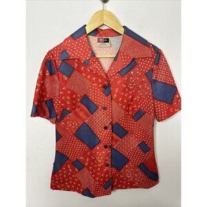 Vintage Tan Jay Woman 14 Red Button Shirt 70s Mod Disco Hipster